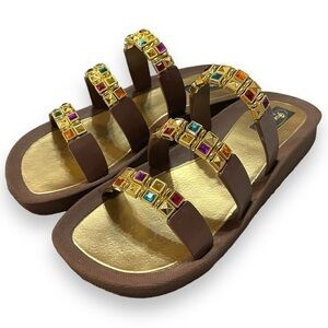 Grandco Jeweled Sandal Slides, Gold, Brown, Multi-Colored Jewels, Women’s Size 9